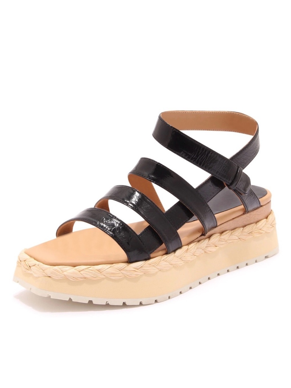 Paloma Barcelo Black Leather Square Toe Platform Raffia Sandals, Size 39/US 8.5